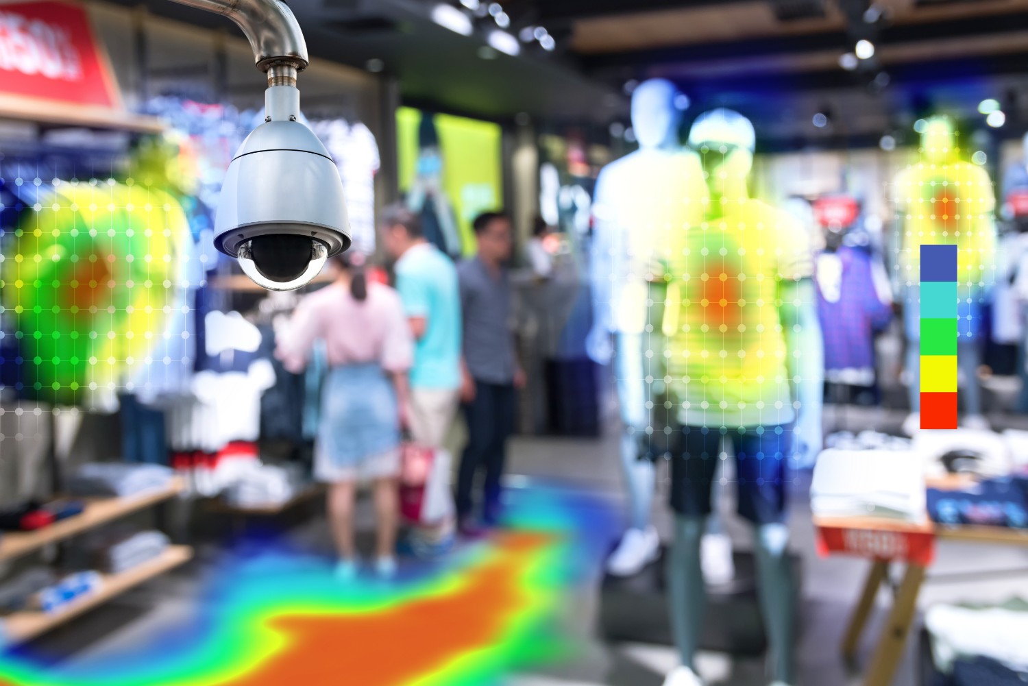 dome CCTV camera inside a clothing store with multi-coloured spots